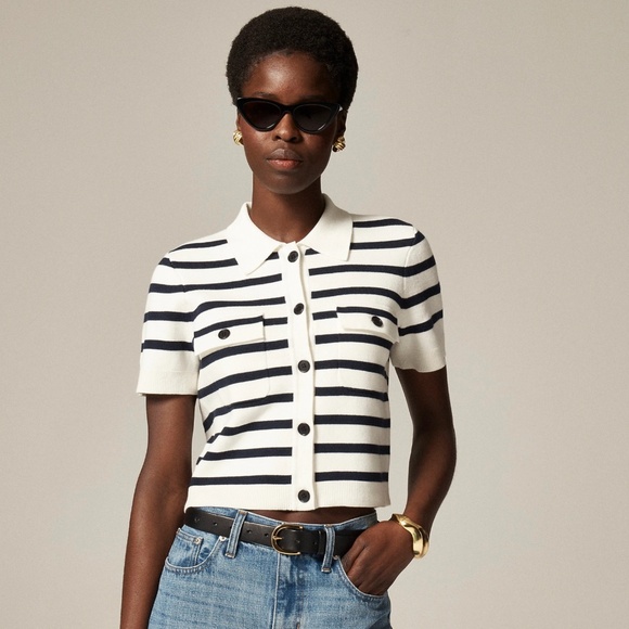 New JCREW Size M Collared Short-Sleeve Cardigan in Stripe Ivory Navy $118 CI633 - Picture 1 of 6